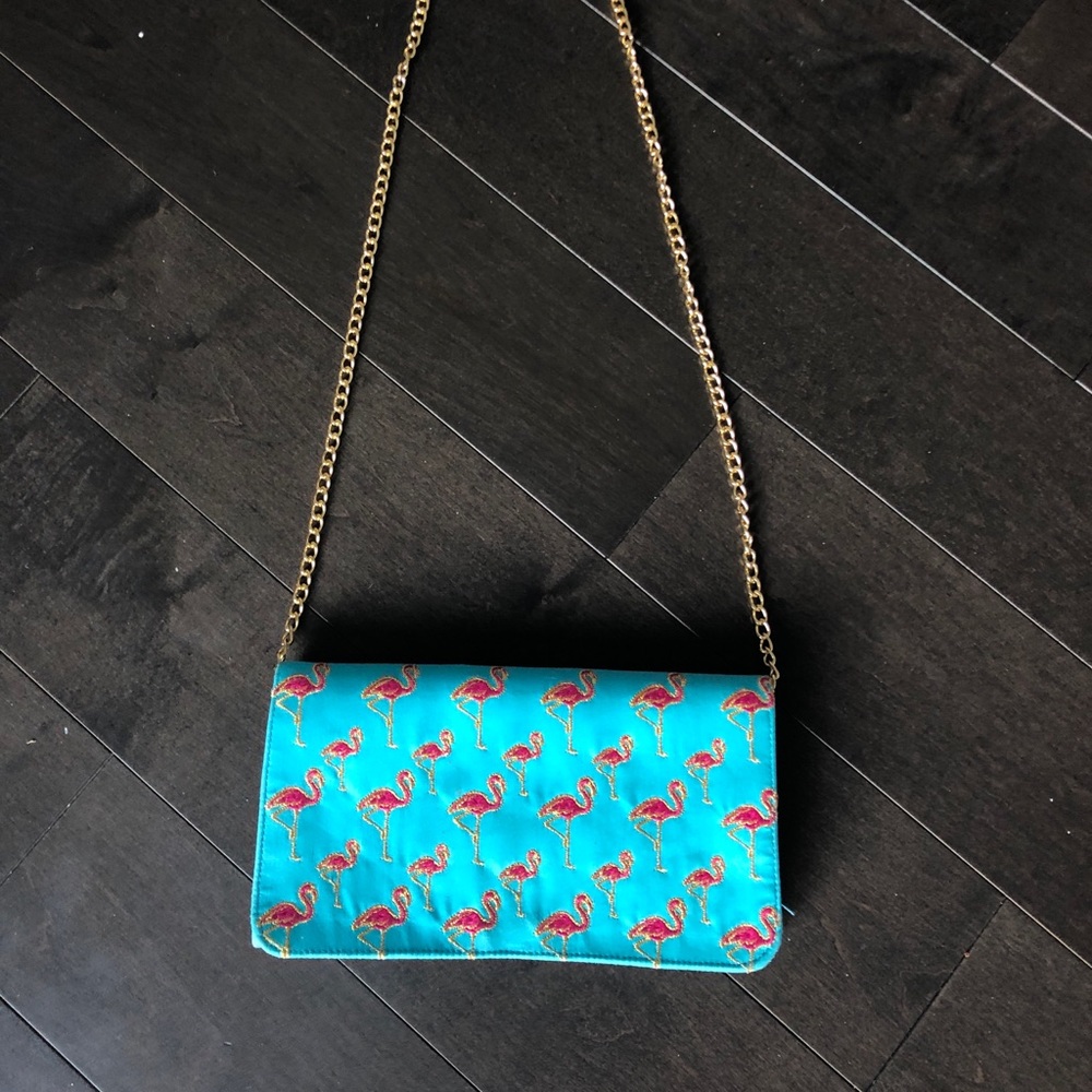 BEAUTIFUL FLAMINGO CLOTH PURSE GOLD HARDWARE